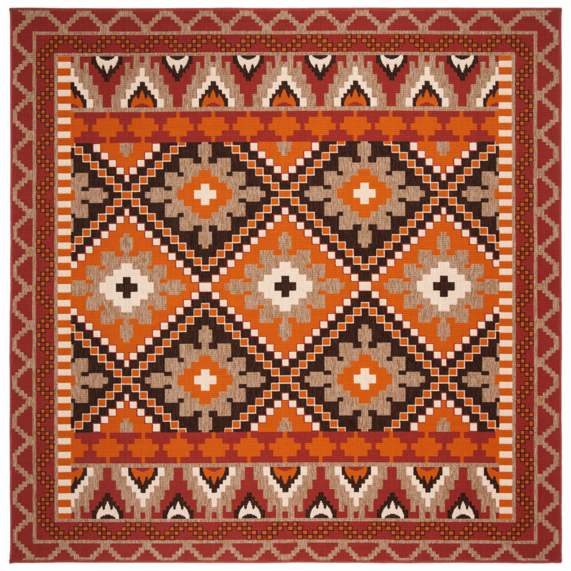 Tapis intérieur / extérieur à motif géométrique rouille / noir Northpoint, Carré 3 pi