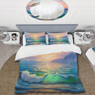 Blue Waves Breaking At The Beach V - Nautical & Coastal Duvet Cover Set - Microfiber Polyester