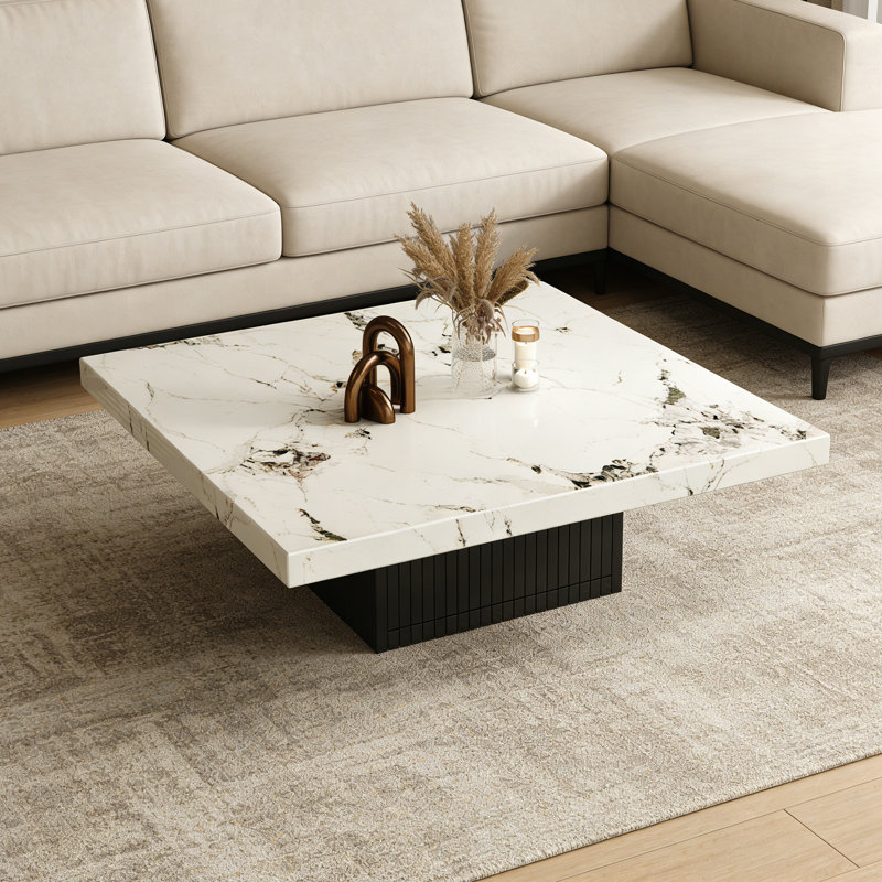 Table basse en marbre avec tiroir de rangement, H 15,75 po x L 47,24 po x l 47,24 po, Blanc/Noir