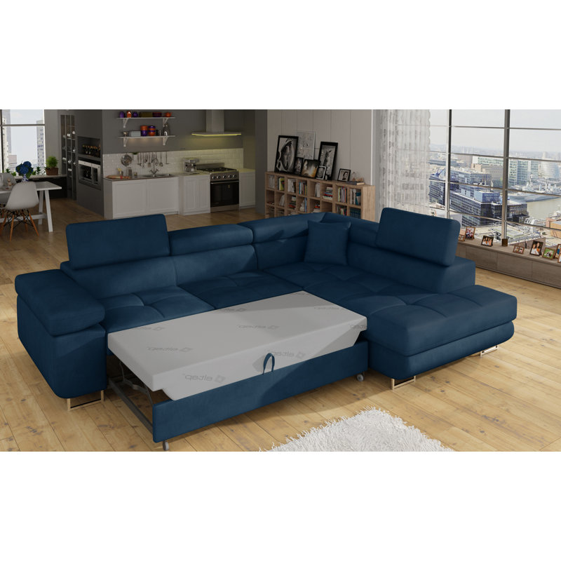Leffel 3 Seater Velvet Sofa Bed, Right Hand Facing, Blue