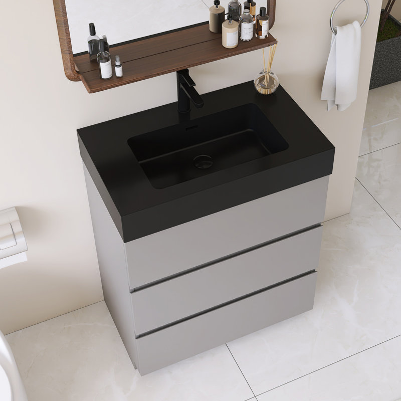 Meuble-lavabo simple autoportant 30 po avec lavabo en quartz noir, Gris, 30", Noir