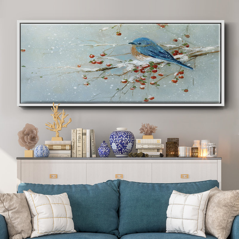 Oiseau bleu en hiver - toile encadrée, H 24 po x l 60 po