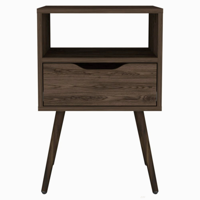 Otom Nightstand , Superior Top, One Open Shelf, One Drawer, Four Legs, Dark Walnut