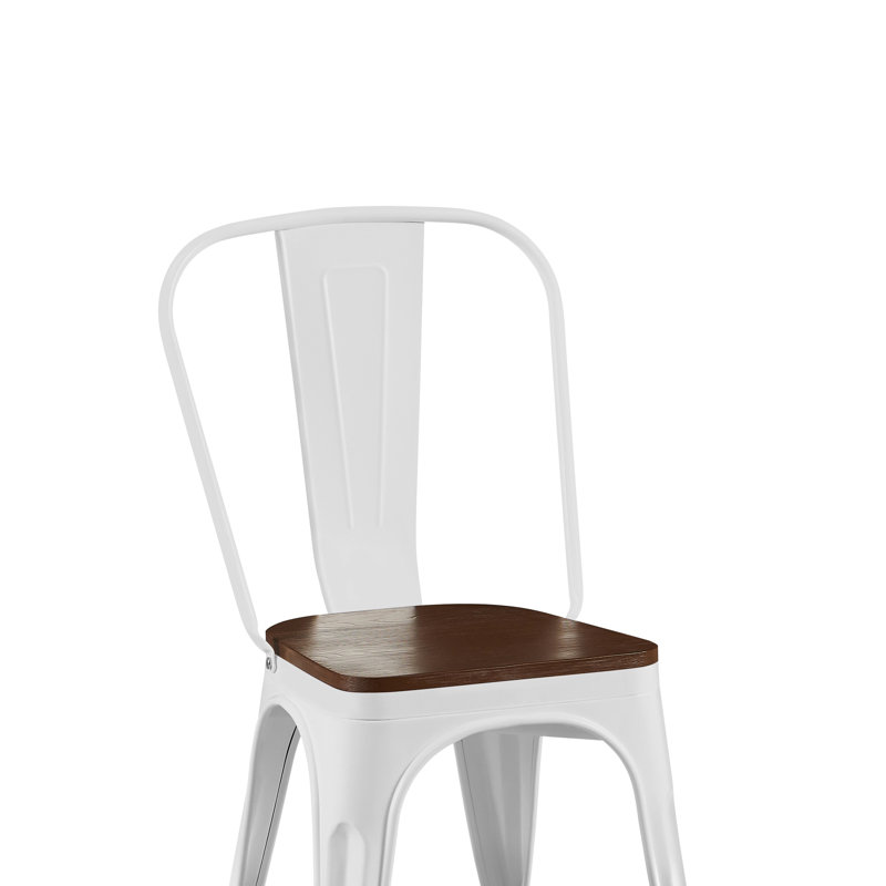 Ensemble de 4 chaises de salle à manger industrielles en métal laqué blanc brillant et assise en noyer, hauteur 45,7 cm, empilables, pour intérieur et extérieur, au design moderne et compact.