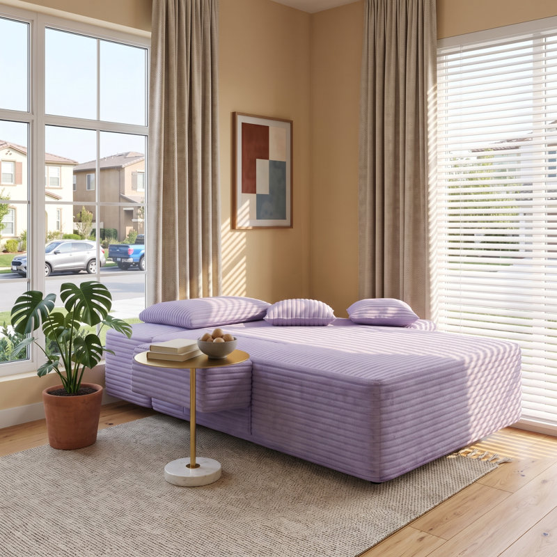 Canapé-lit convertible avec poche de rangement et coussins, 54 po de largeur, Mauve