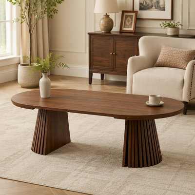 Table basse ronde en bois de couleur noyer, flexible et extensible, peu encombrante, conception ovale tendance et pieds de table à lattes, table à thé ou bureau, table de salon moderne (noyer)