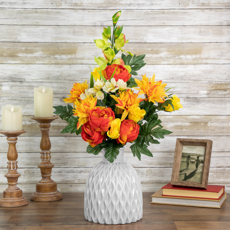 27" Orange and Yellow Dahlia, Peony, and Rose Silk Floral Bouquet