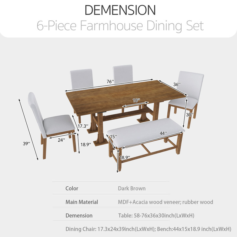 Ensemble de salle à manger 6 pièces avec table extensible 76 po, chaises rembourrées et banc, Beige, Brun