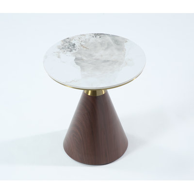 Round Sintered Stone Side Table, Modern Accent End Table with Wood Grain Conical Base & Gold Metal Trim for Living Room
