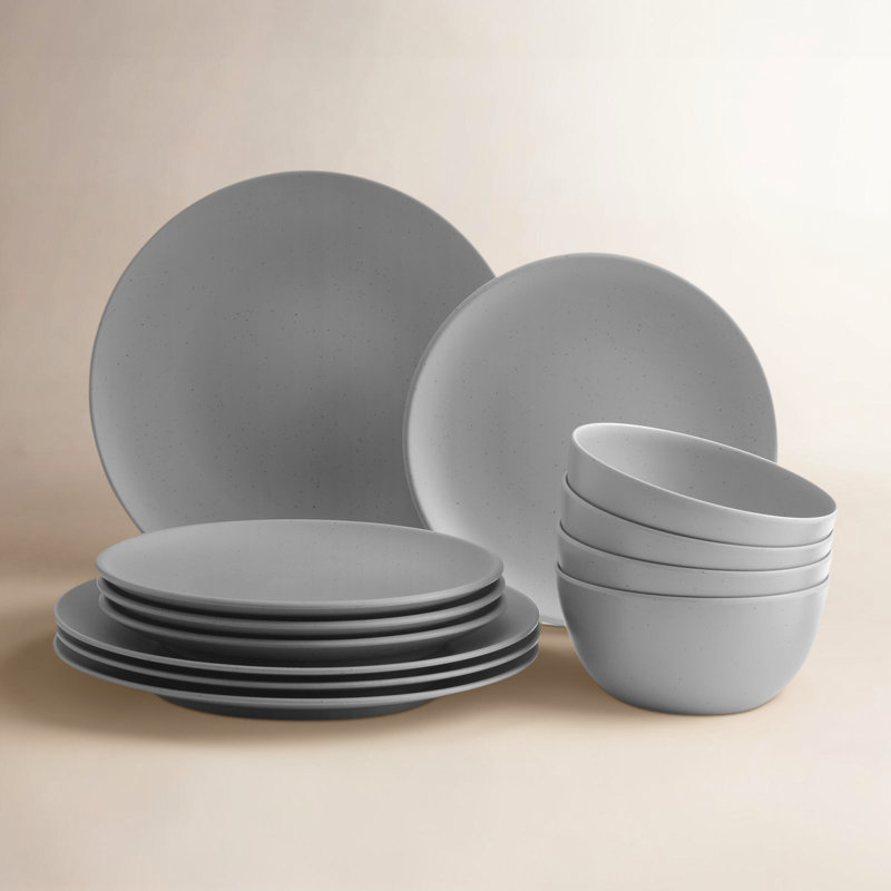 Bryce 12 Piece Melamine Dinnerware Set, Service for 4, Grey