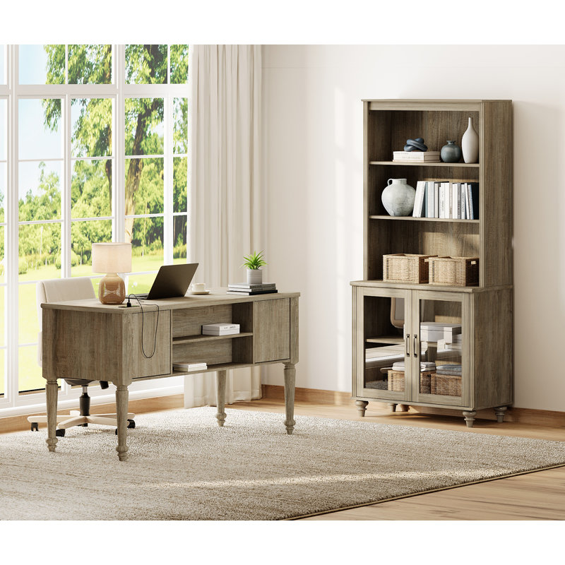2 - Piece Office Set, 56" Executive Desk & Bookcase With Glass Doors, Wash Grey