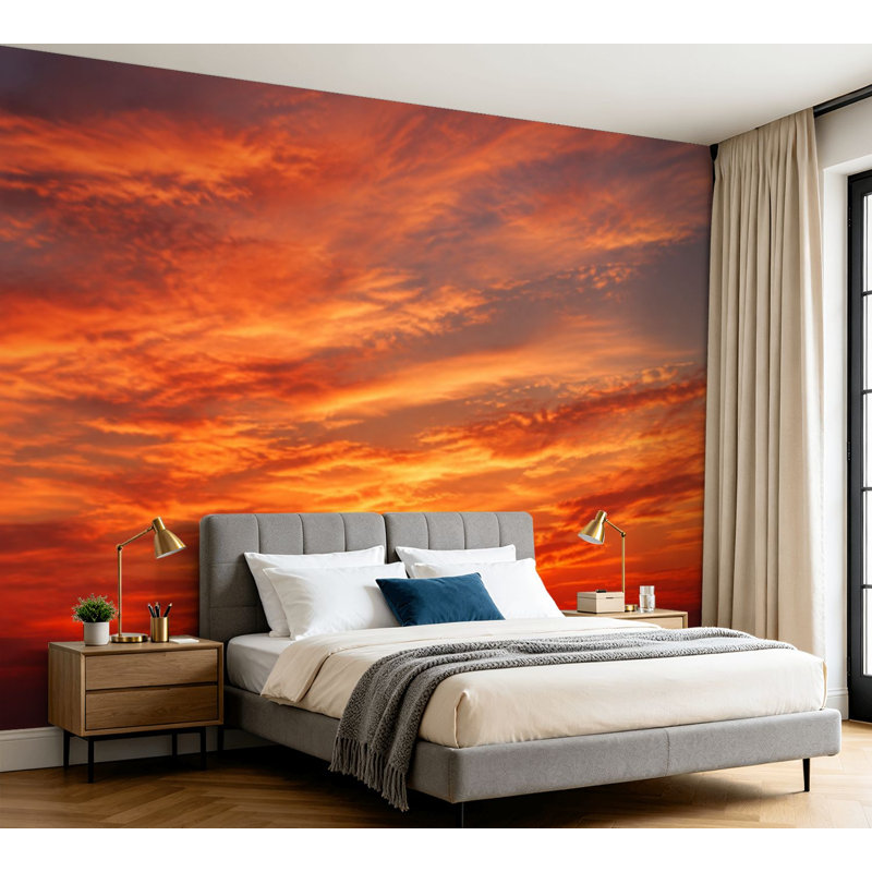 Papier peint mural autocollant moderne « Ciel couchant » avec nuages ​​orange, rouges et jaunes, pour chambre ou salon, 254 cm (L) x 366 cm (l).