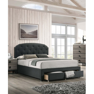 Lit de lit simple en tissu de jute gris anthracite avec rangement de tête de lit capitonné