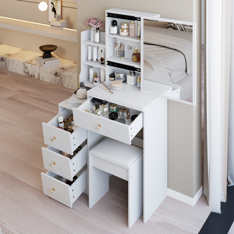 29.2" Small Space Left Bedside Cabinet Vanity Table + Cushioned Stool, Extra Large Right sliding mirror, Multi Layer High Capacity Storage, Practical Fashionable Dresser, Suitable For Small Space