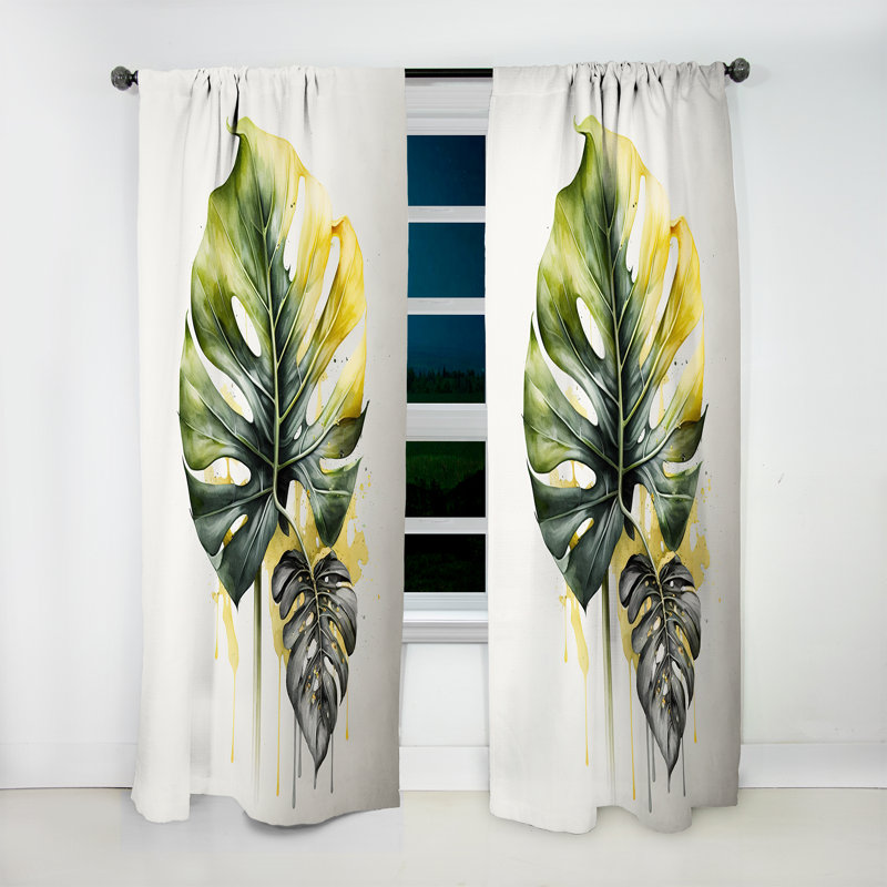 Elyssa - Yellow And Grey Philodendron Leaf II - Traditional Curtain - Velvet Room Darkening - 1 panel, 52" W x 90" L