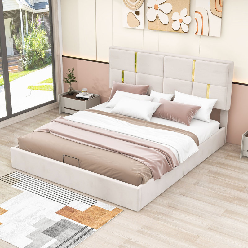 Grand lit plateforme avec rangement Auroura, Beige