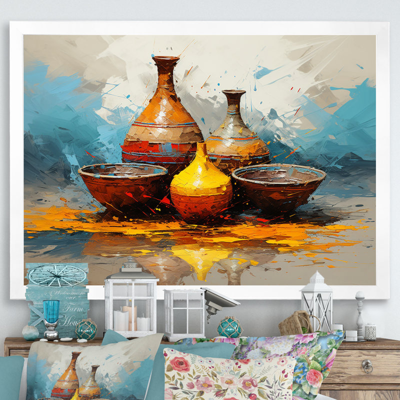 Jaune Boho Pottery Design - Boho Pottery, art mural, Cadre flottant noir, H 12 po x l 20 po x P 1 po