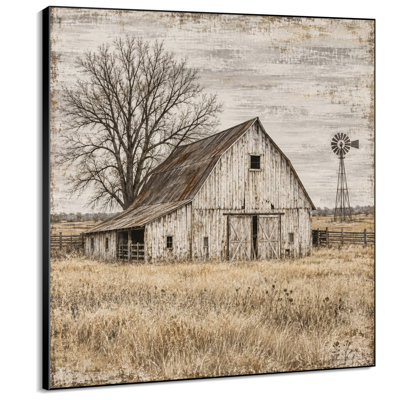 Impression sur tissu grand format - Grange blanche rustique avec moulin à vent dans un champ doré pour salon ou chambre - « Assemblage du cadre requis (cadre non fini) »