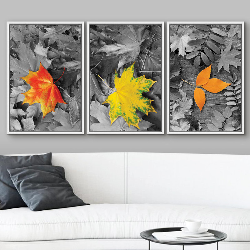 Décoration murale d'automne à feuilles jaunes et orange, H 36 po x l 72 po, Cadre flottant blanc