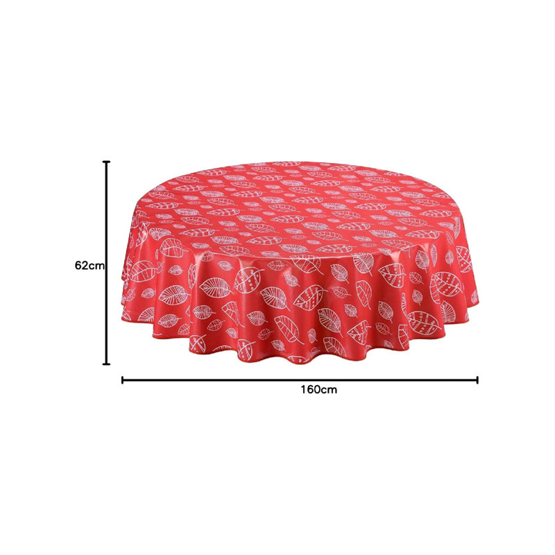 Round Oilcloth PVC Wipe Clean Tablecloth 160 Cm 62" Leaves Sage Green, Red