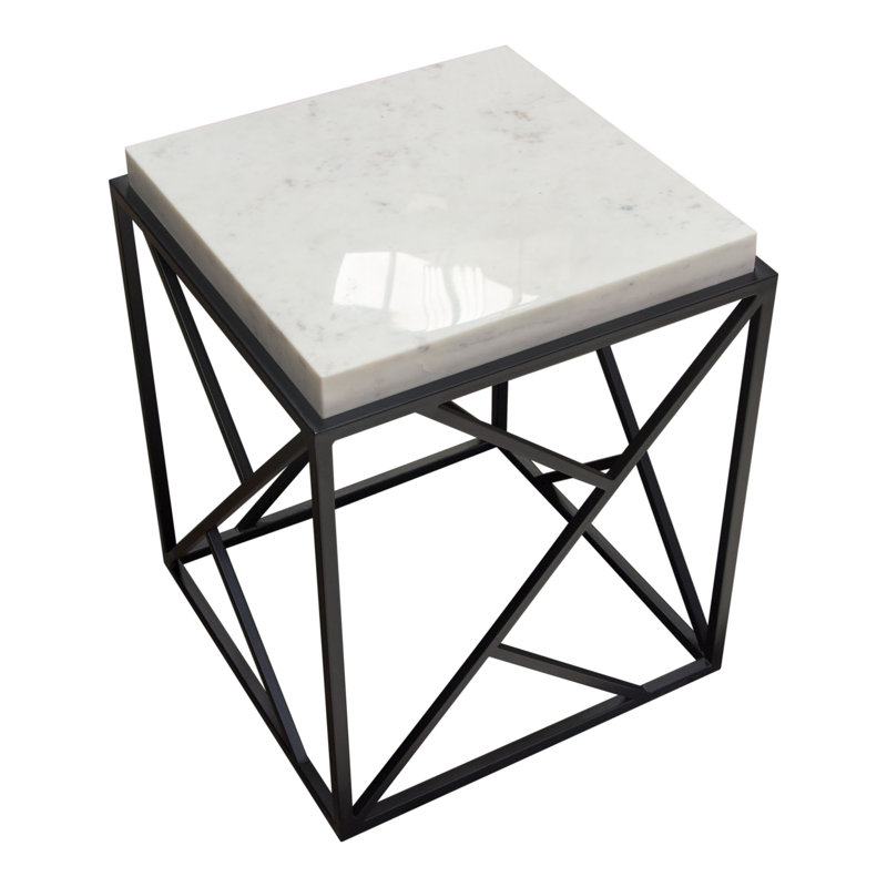 Plymouth 18" Square White Marble and Black Metal Accent Table