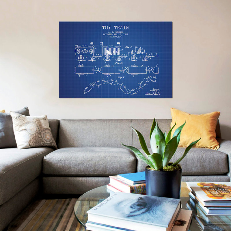 « a.w. benson toy train train sketch », reproduction d’impression sur toile en bleu, H 12 po x l 18 po x P 1,5 po