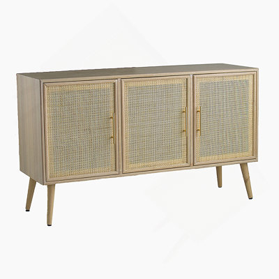 Élégant meuble télé décoratif en bois avec trois portes en rotin, idéal pour organiser vos appareils électroniques et rehausser votre décor