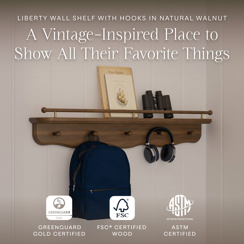 Liberty 31" Wall Shelf with Hooks, Natural Walnut