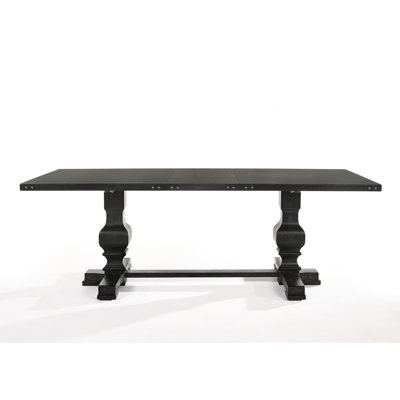 Table de salle à manger rétro noire - l 88 po x P 40 po x H 30 po, 153 lb, hauteur de la base 28 po, capacité de poids de 100 lb, base sophistiquée à double piédestal, placage et plateau en pb, détails de bord en métal, look épuré, abattant