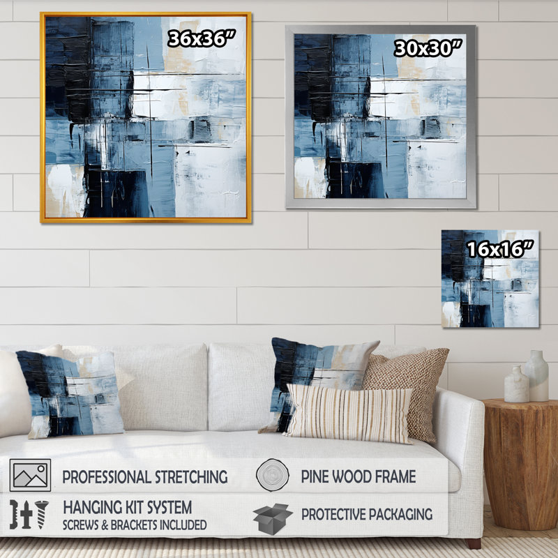 Bleu et beige, modernité scandinave, art mural abstrait, salon, Cadre flottant doré, H 24 po x l 24 po