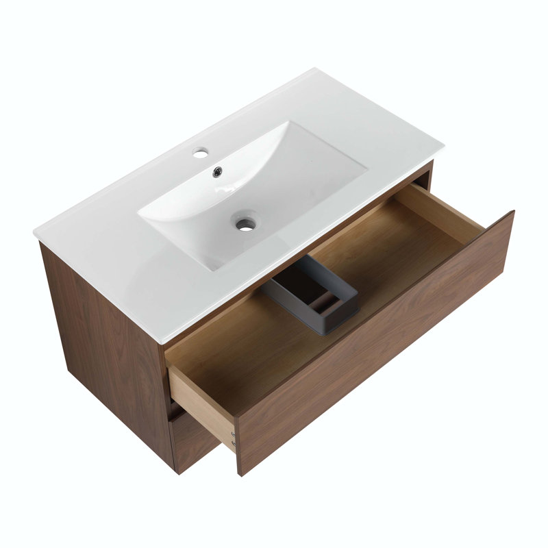 Ensemble de meuble-lavabo simple 35,90 po avec plateau en bois manufacturé Liedtke, Chêne brun