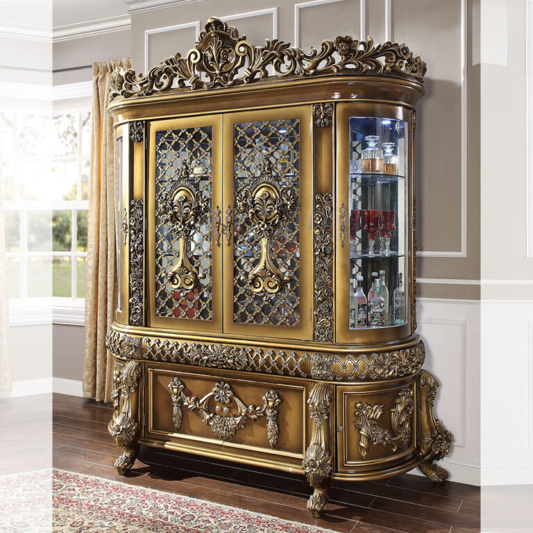 Regal Brown and Vintage Silver Hand Carved China Cabinet