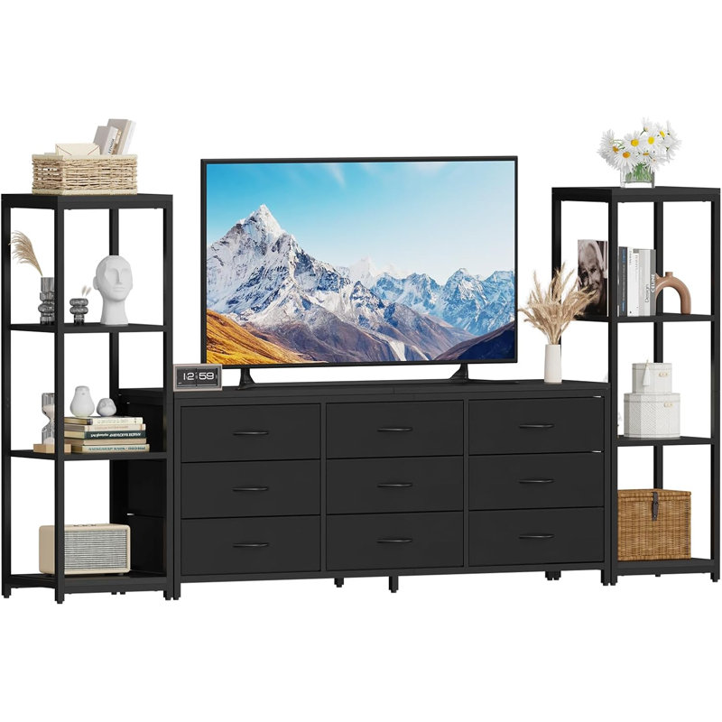 75 Inch TV Stand Entertainment Center with LED Lights, Power Outlets & 9 Drawers, Black
