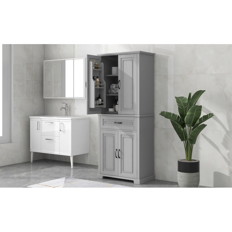 Armoire de rangement de salle de bain avec portes et tiroir, Gris