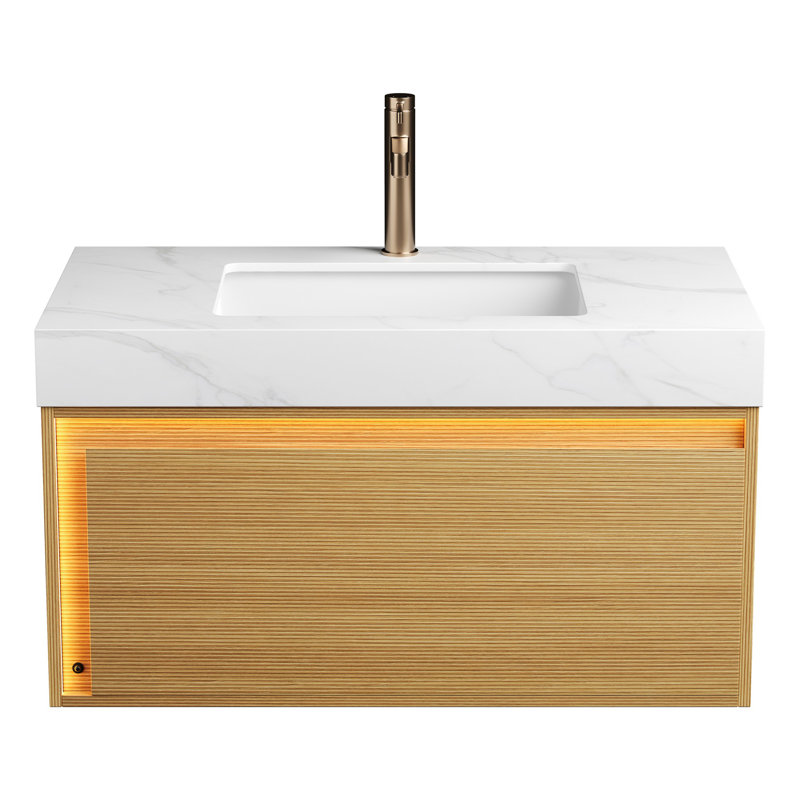 Meuble-lavabo pour salle de bain, lavabo flottant avec grille et tiroir, pré-assemblé, Blanc de Carrare