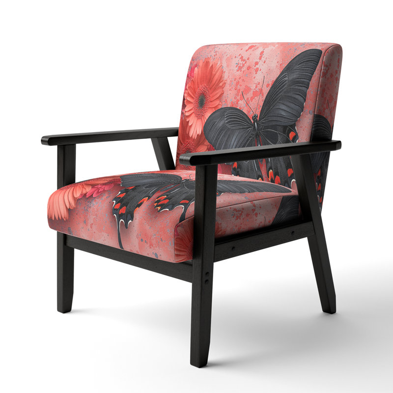 Magiera - Buttlerfly In Watercolor Painting - Velvet  Upholstered Floral Accent Arm Chair, Pink/Black, Black