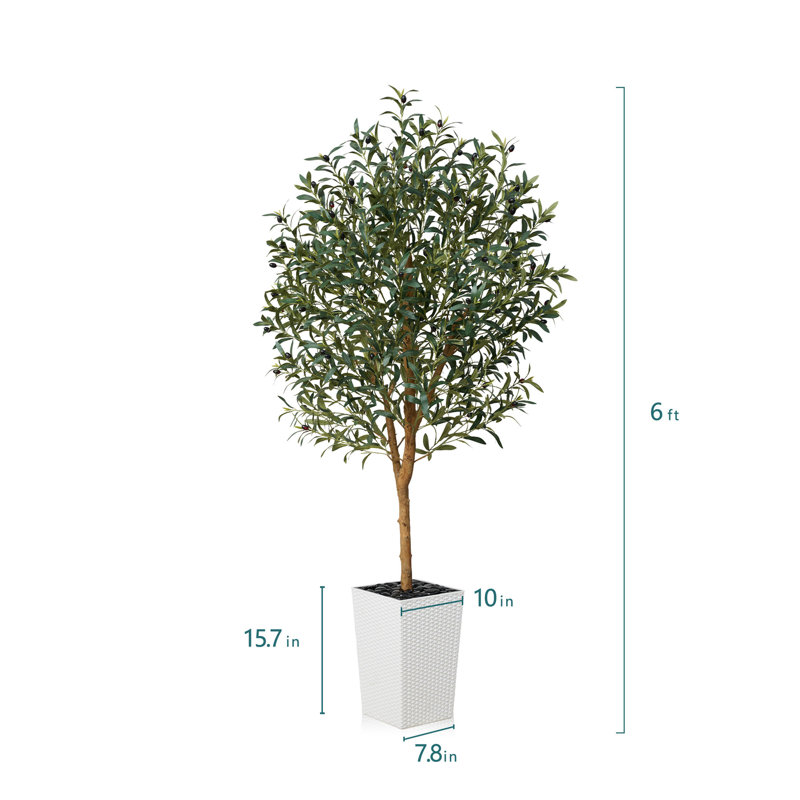Adcock Artificial Olive Tree with Decorative Pot, UV Resistant Faux Olive Tree with Natural Trunk, White
