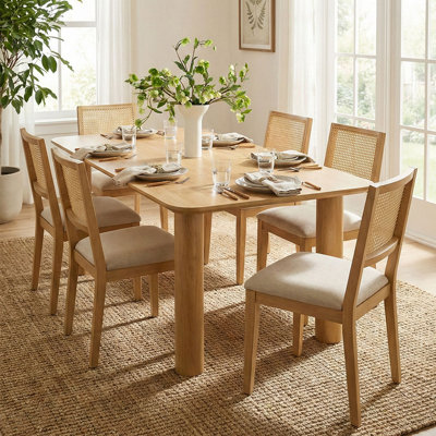 7-Piece Dining Room Set for 6 with 67" Rectangular Dining Table and 6 Rattan Cane Back Upholstered Chairs