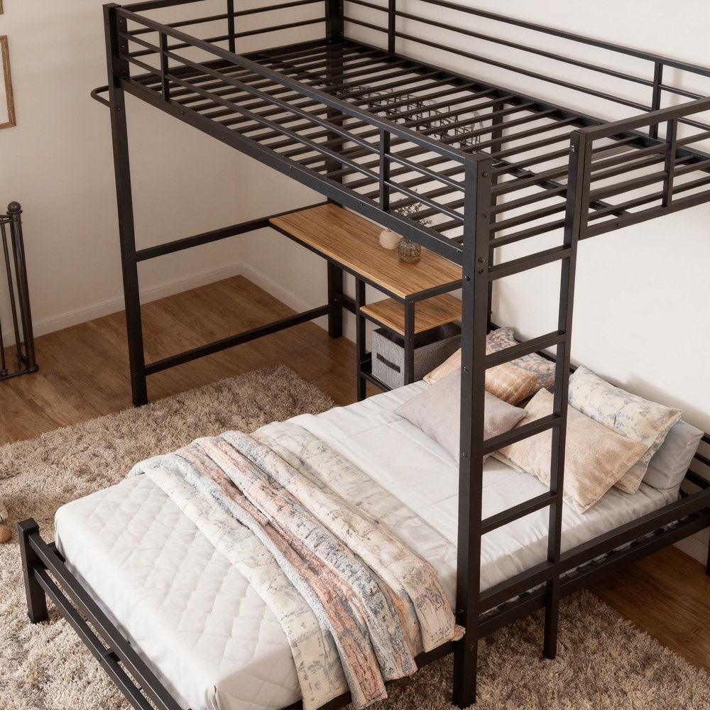 17 Stories Bunk Bed Twin Over Twin Size with Desk Station L-Shaped ...