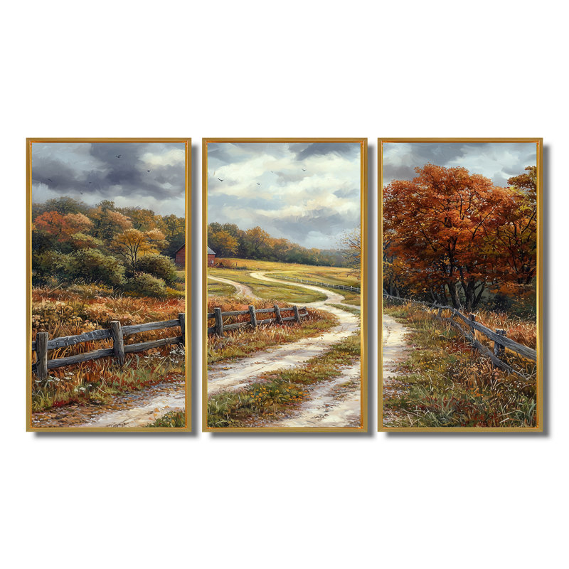 Ensemble de salon art mural vert d'automne, Toile avec cadre flottant or, H 40 po x l 60 po x P 1 po