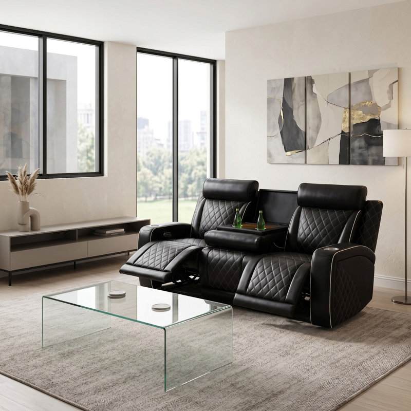 Canapé inclinable Regent en cuir respirant noir avec porte-gobelets, recharge sans fil et lumières DEL