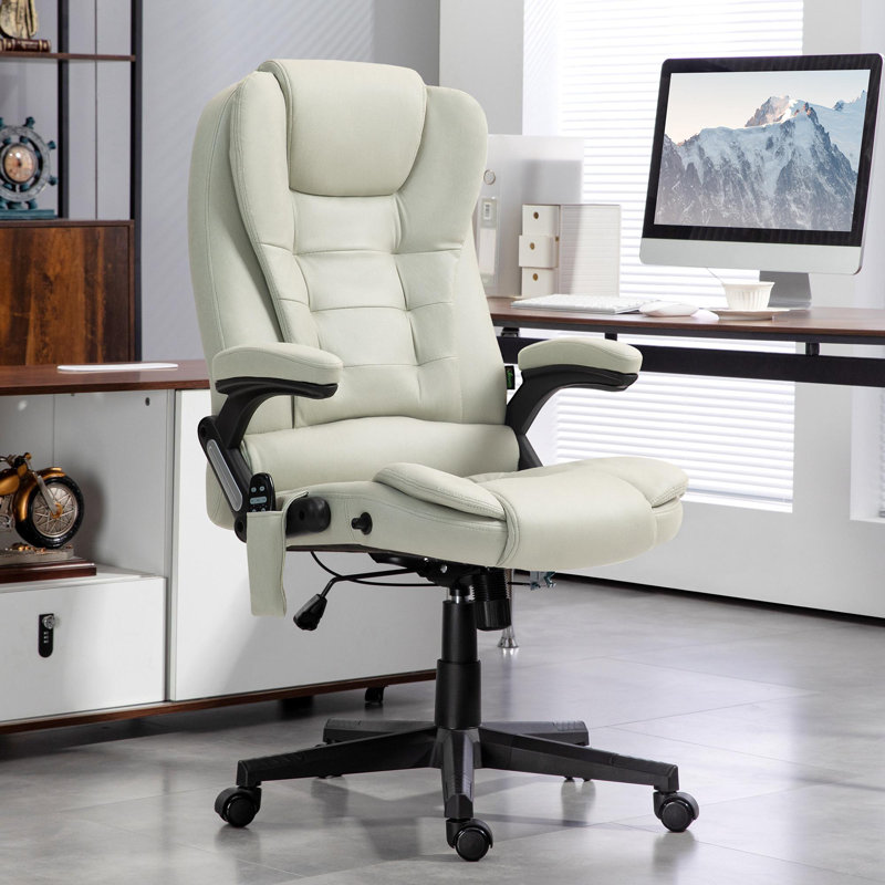 HOMCOM 6 Point Vibrating Massage Office Chair with Heat, Microfiber High Back Executive Office Chair with Reclining Backrest, Padded Armrests and Remote, Beige