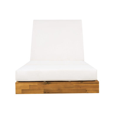 Acacia Wood Chaise Lounge With Cushion - Teak Finish Outdoor Recliner With Cream 3-Fold Water-Repellent Cushion, 300Lbs Capacity