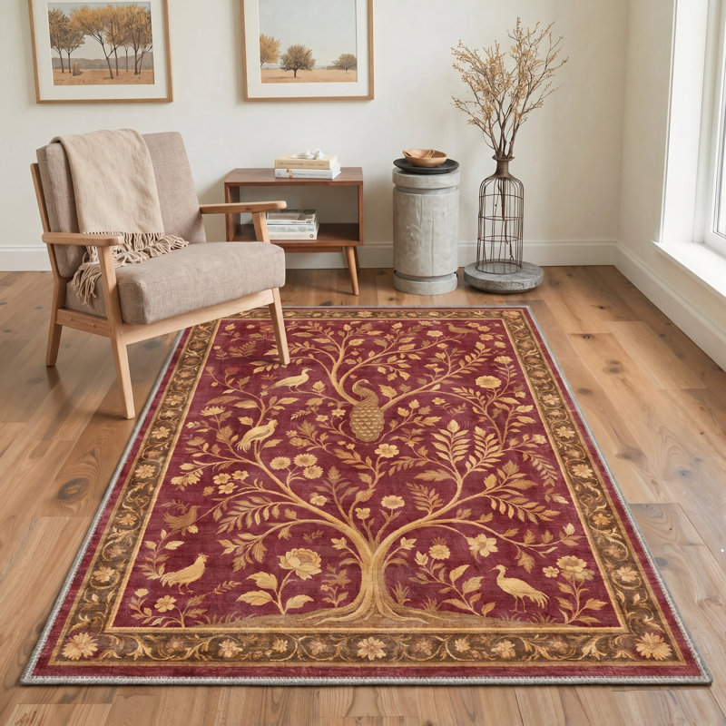 Silvan Vintage Machine Washable Gold / Red Indoor Area Rug with Non-Slip Backing, Round 5'