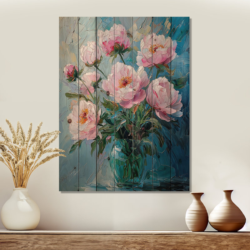 Pivoines, harmonie des pétales dans un vase II - pivoines, art mural sur bois de pin naturel, H 32 po x l 24 po x P 0,78 po