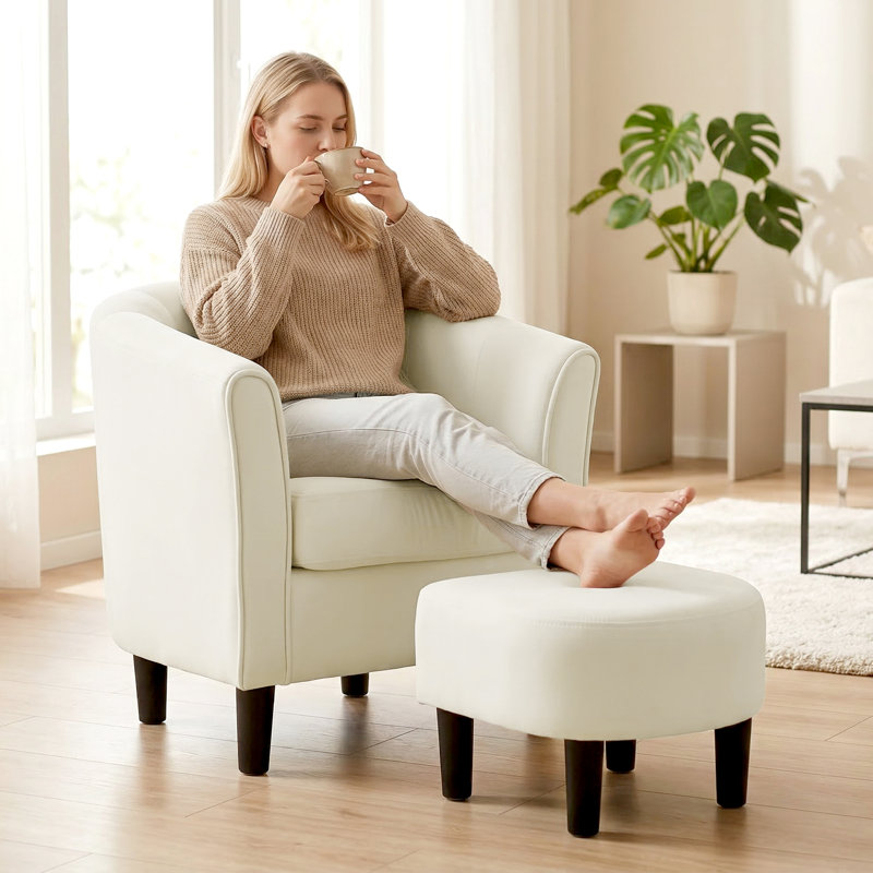 Chaise d'appoint avec repose-pieds et coussin à ressorts ensachés, blanc crème, Beige