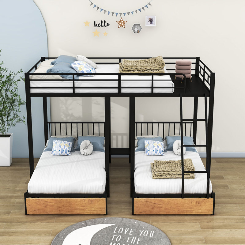 Lits superposés en L en métal 2 tiroirs Ty pour enfants, Noir