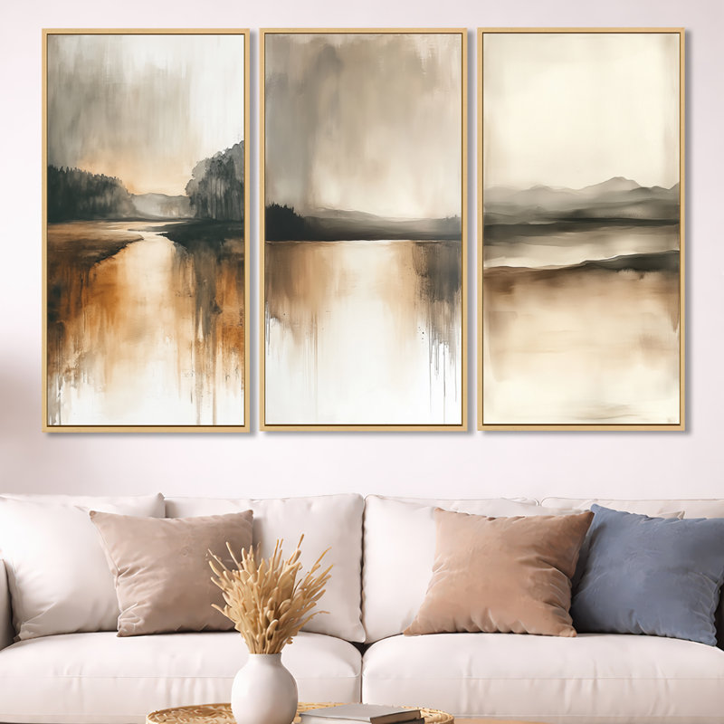 «Beige Lake Hozrion, Calm Nature», art mural encadré 3 pièces, 40" H x 60" W, Natural Wood Floater Framed