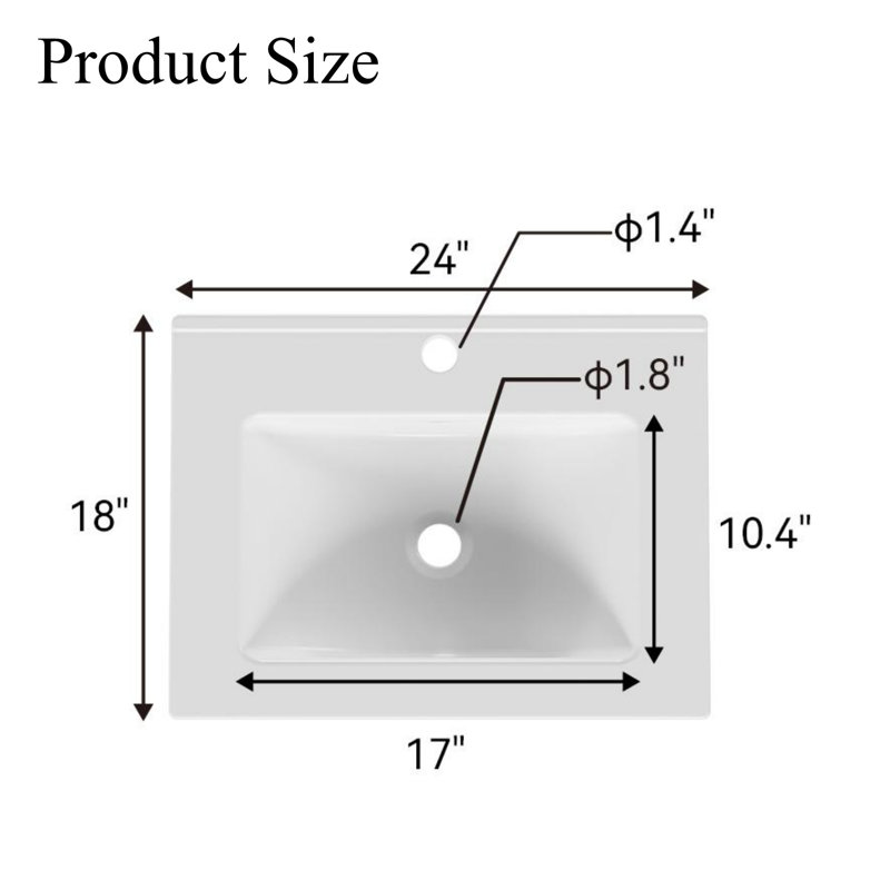 24'' Ceramic Rectangular Bathroom Sink with Overflow, White