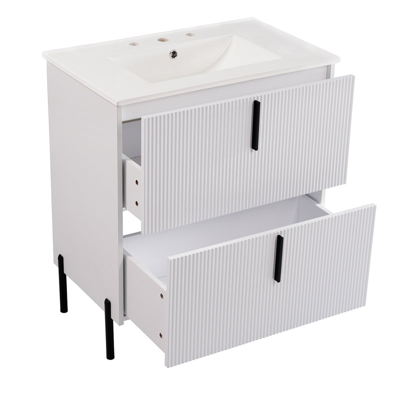 Meuble-lavabo de 30 po avec lavabo en céramique et tiroirs pleine extension, glissières de tiroir à fermeture en douceur, conception cannelée,